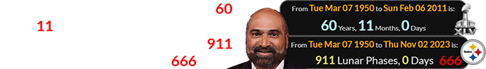 Franco Harris was a span of exactly 60 years, 11 months old for Super Bowl XLV and would have been exactly 911 Lunations old for the Steelers’ 666th win: