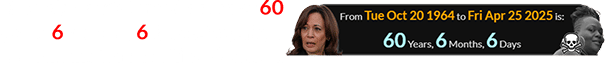 Kamala Harris turned a span of 60 years, 6 months, 6 days of age right around the time of Tiffany’s death: