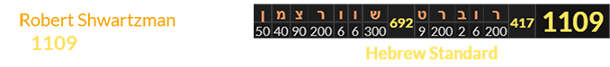 Robert Shwartzman sums to 1109 in Hebrew gematria: