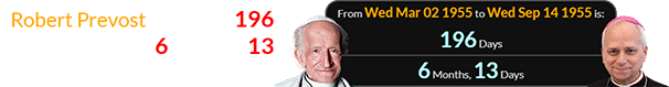 Robert Prevost was born 196 days (or a span of 6 months, 13 days after Leo XIII’s birthday: