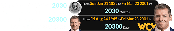 Vince bought WCW 2030 months after Skull & Bones was formed and 20300 days after he was born: