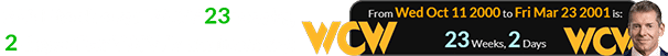 WWF took over WCW 23 weeks, 2 days after WCW’s anniversary: