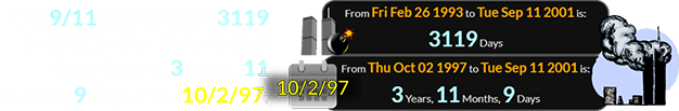 The 9/11 attacks were 3119 days after the Trade Center bombing and 3 years, 11 months, 9 days after 10/2/97: