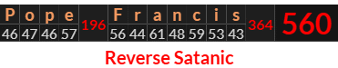 "Pope Francis" = 560 (Reverse Satanic)