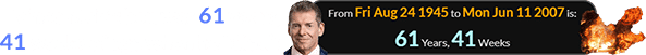 Vince McMahon was 61 years, 41 weeks of age when he “died”: