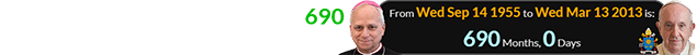 Prevost was a span of exactly 690 months old when Francis became Pope: