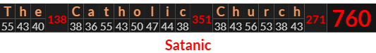 "The Catholic Church" = 760 (Satanic)