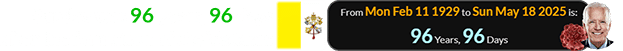 Sunday was 96 years, 96 days after the formation of the Vatican:
