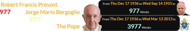 Robert Francis Prevost was born 977 after Jorge Mario Bergoglio, who was 3,977 weeks old when he became The Pope: