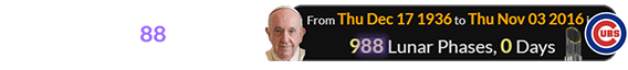 The Cubs won the World Series exactly 988 Lunations after Jorge Bergoglio’s birth: