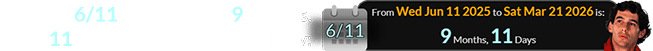 The date 6/11 falls a span of 9 months, 11 days before Senna’s birthday: