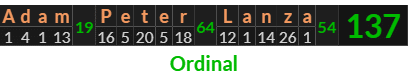 "Adam Peter Lanza" = 137 (Ordinal)