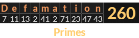 "Defamation" = 260 (Primes)