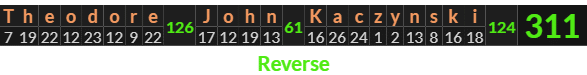 "Theodore John Kaczynski" = 311 (Reverse)