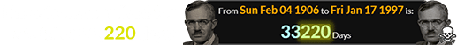 The astronomer lived for a total of 33,220 days: