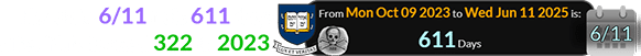 The date 6/11 falls 611 days after Yale turned 322 in 2023: