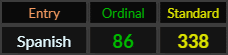Spanish = 86 and 338