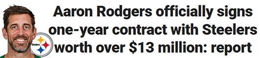 Aaron Rodgers officially signs one-year contract with Steelers worth over $13 million: report