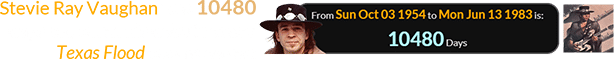 Stevie Ray Vaughan was 10480 days old when his debut record Texas Flood was released: