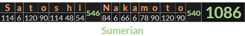 "Satoshi Nakamoto" = 1086 (Sumerian) 