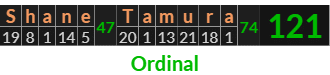 "Shane Tamura" = 121 (Ordinal)