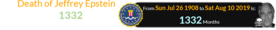 The Death of Jeffrey Epstein occurred 1332 months after the FBI was founded: