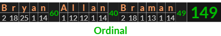 "Bryan Allan Braman" = 149 (Ordinal)