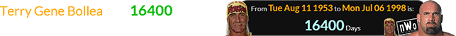 Terry Gene Bollea was 16400 days old when he lost the title to Goldberg: