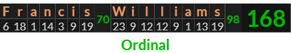 "Francis Williams" = 168 (Ordinal)