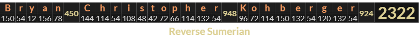 "Bryan Christopher Kohberger" = 2322 (Reverse Sumerian)
