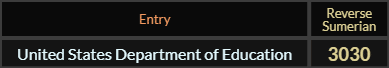 "United States Department of Education" = 3030 (Reverse Sumerian)