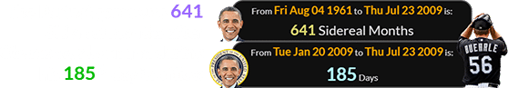 The Perfect game was 641 Sidereal months after Obama was born and during his 185th day in office: