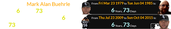 This means Mark Alan Buehrle was born 6 years, 73 days before me, and his career lasted for 6 years, 73 days after his Perfect game: