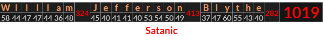 "William Jefferson Blythe" = 1019 (Satanic)