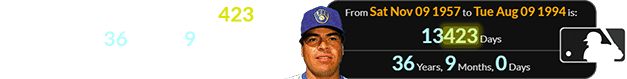 Higuera was a span of 13,423 days (or exactly 36 years, 9 months) old when he pitched his final MLB game:
