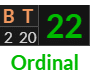 "BT" = 22 (Ordinal)