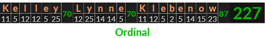 "Kelley Lynne Klebenow" = 227 (Ordinal)