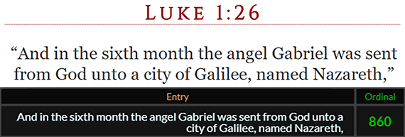 And in the sixth month the angel Gabriel was sent from God unto a city of Galilee, named Nazareth, = 860 Ordinal