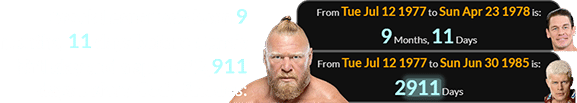 Brock Lesnar was born 9 months, 11 days before Cena’s birthday and a span of 2,911 days before Cody Rhodes:
