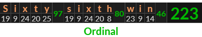 "Sixty sixth win" = 223 (Ordinal)