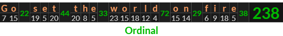 "Go set the world on fire" = 238 (Ordinal)