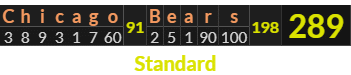 "Chicago Bears" = 289 (Standard)