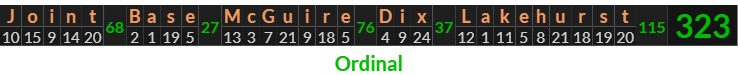 "Joint Base McGuire Dix Lakehurst" = 323 (Ordinal)