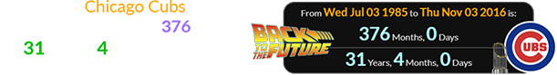 The real Chicago Cubs won the World Series exactly 376 months (or 31 years, 4 months) after Back to the Future came out:
