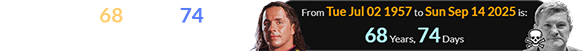 Hatton died 68 years, 74 days after Bret Hart was born: