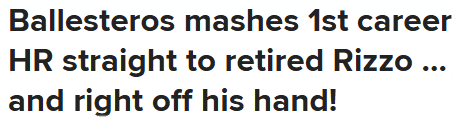Ballesteros mashes 1st career HR straight to retired Rizzo ... and right off his hand!