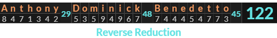"Anthony Dominick Benedetto" = 122 (Reverse Reduction)