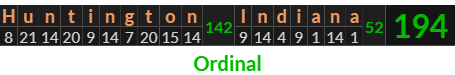 "Huntington Indiana" = 194 (Ordinal)