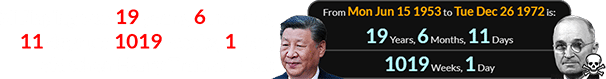 Xi Jinping was 19 years, 6 months, 11 days (or 1019 weeks, 1 day) old when Harry Truman died: