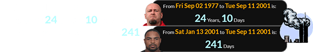 The 9/11 attacks were a span of exactly 24 years, 10 days after Sam Rivers was born and 241 days after Doug Martin’s birthday: